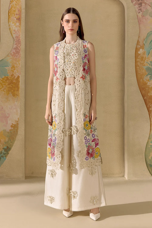 Ivory Fleur Long Jacket With Crop Top And Pants