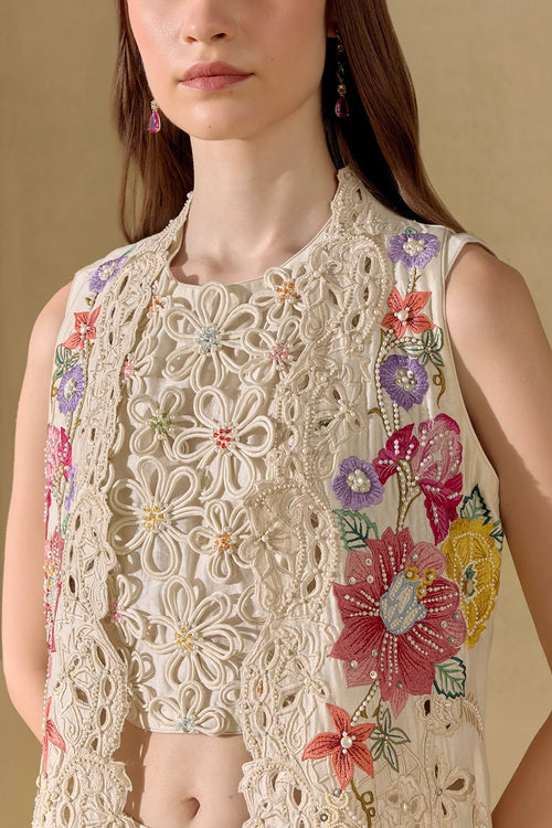 Ivory Fleur Long Jacket With Crop Top And Pants