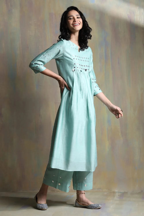 Aqua Green Gathered Kurta Set