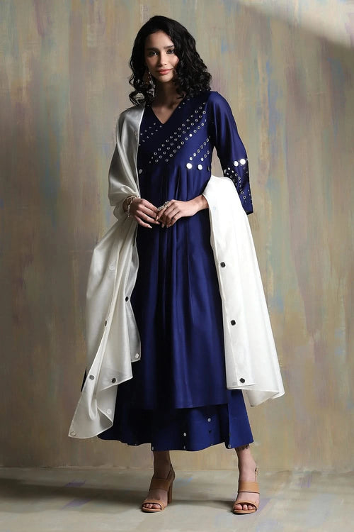 Sapphire blue Bell Sleeves Kurta Set with White Dupatta