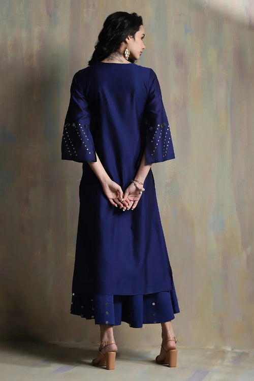 Sapphire blue Bell Sleeves Kurta Set with White Dupatta