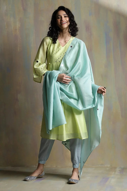 lime yellow Chanderi Kurta Set