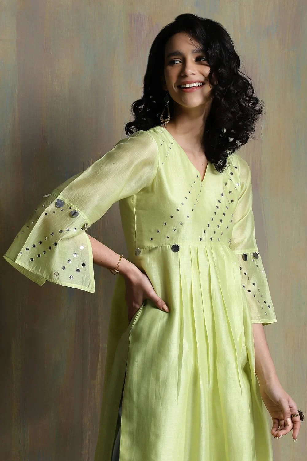 lime yellow Chanderi Kurta Set