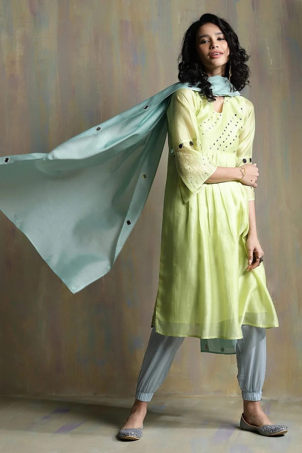 lime yellow Chanderi Kurta Set