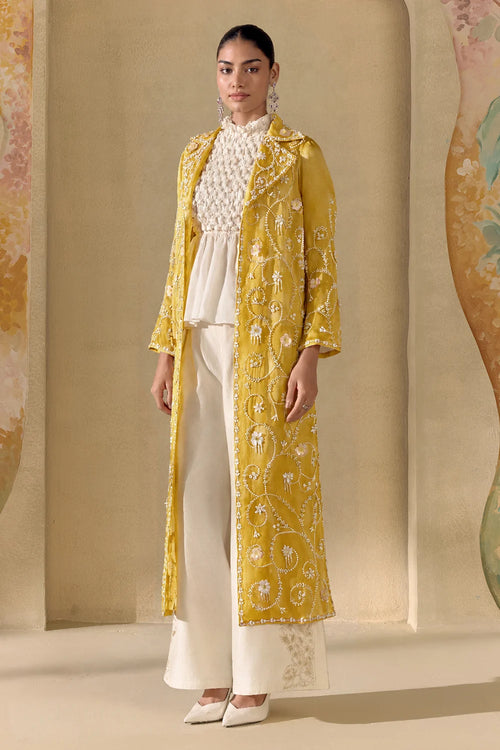 Yellow Contrast Embellished Long Jacket With Top And Pants