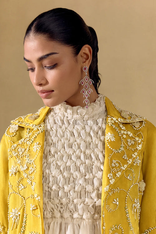 Yellow Contrast Embellished Long Jacket With Top And Pants