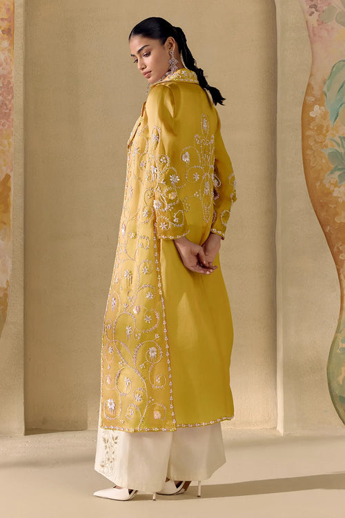 Yellow Contrast Embellished Long Jacket With Top And Pants