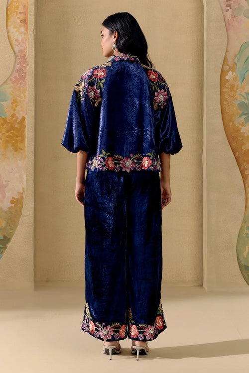 Indigo Fleur Embroidered Jacket And Pants Set