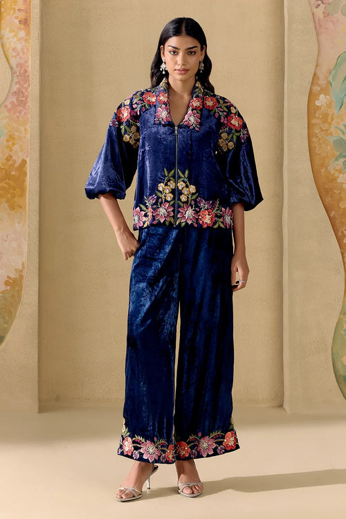 Indigo Fleur Embroidered Jacket And Pants Set