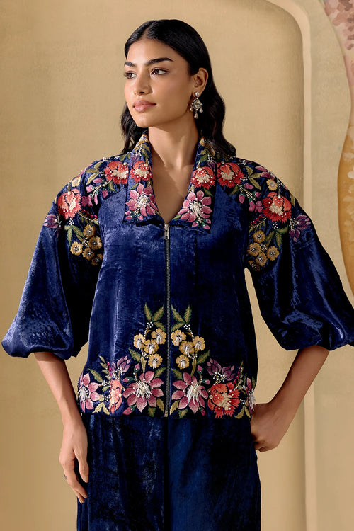 Indigo Fleur Embroidered Jacket And Pants Set