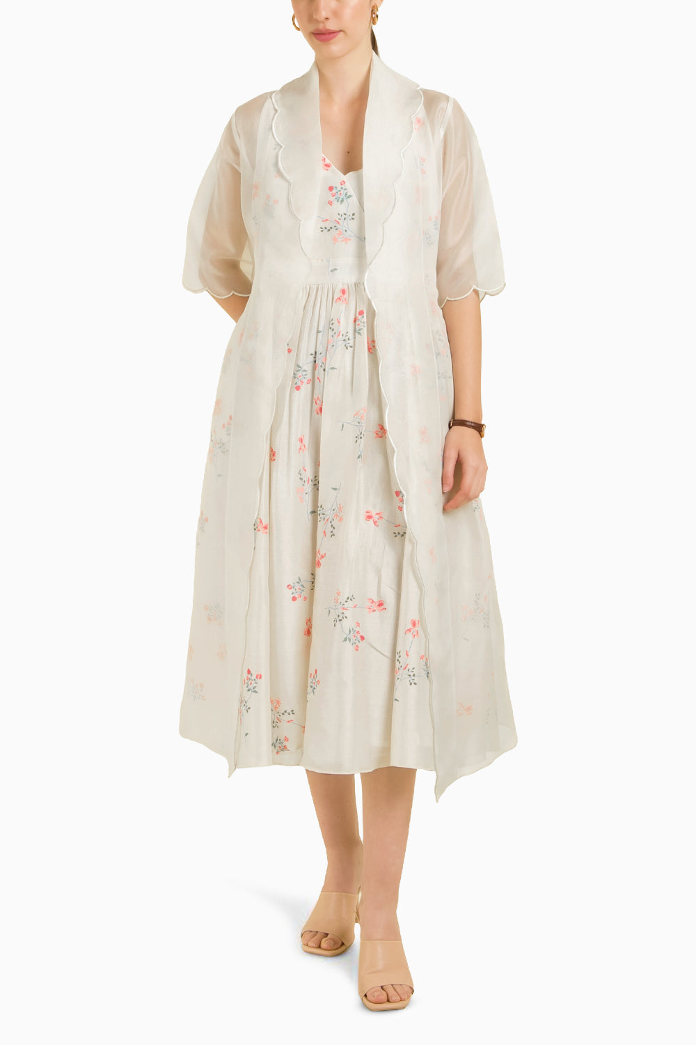 Ivory Scalloped Organza Jacket with Embroidered Strap Dress