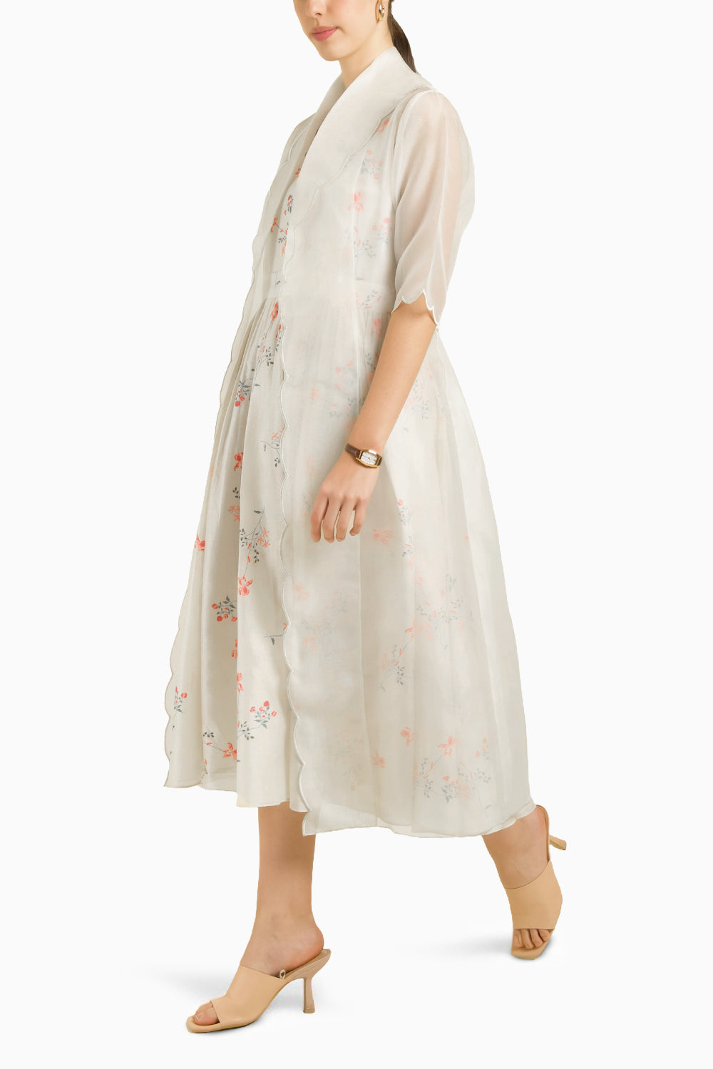 Ivory Scalloped Organza Jacket with Embroidered Strap Dress