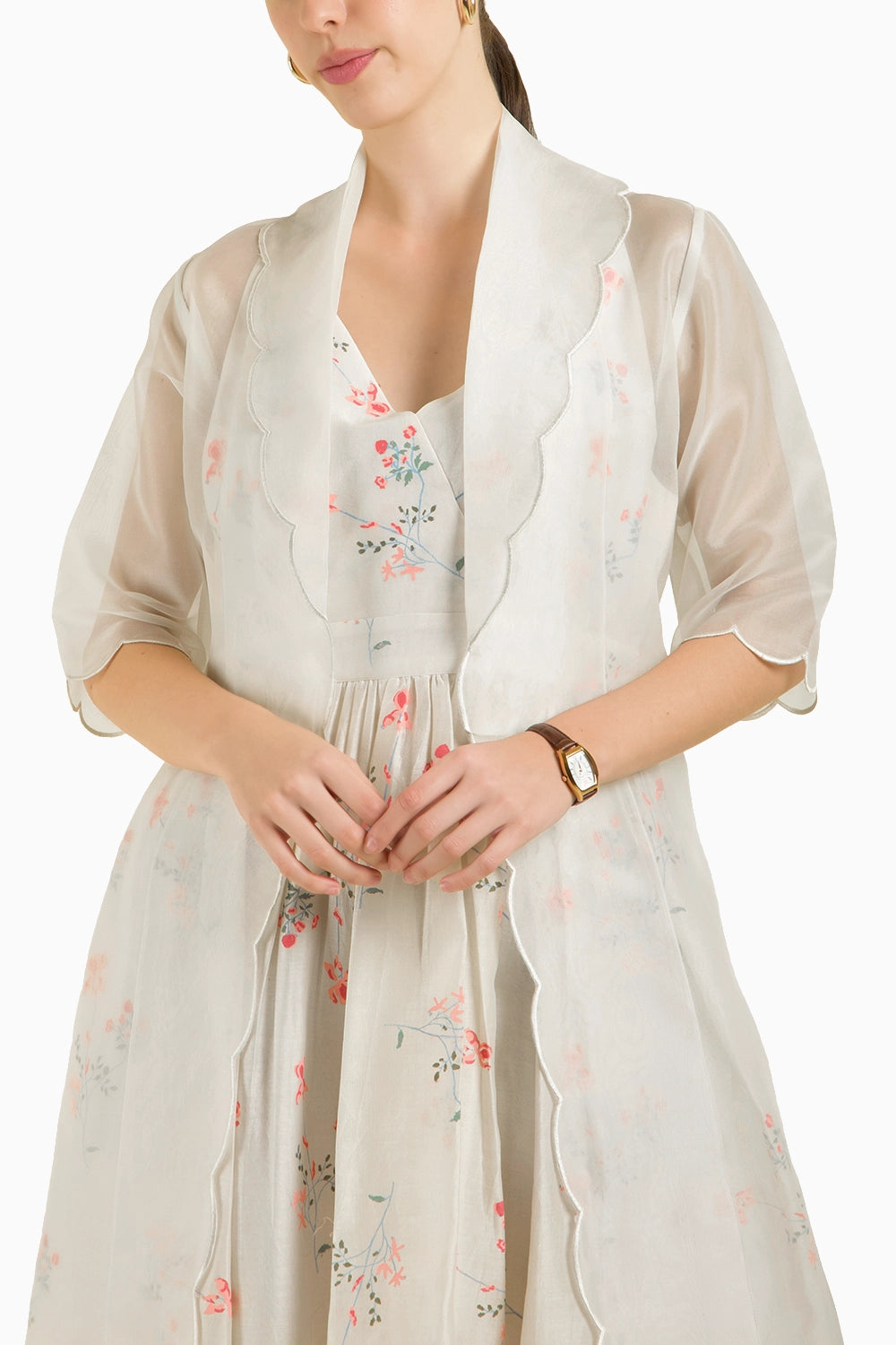 Ivory Scalloped Organza Jacket with Embroidered Strap Dress