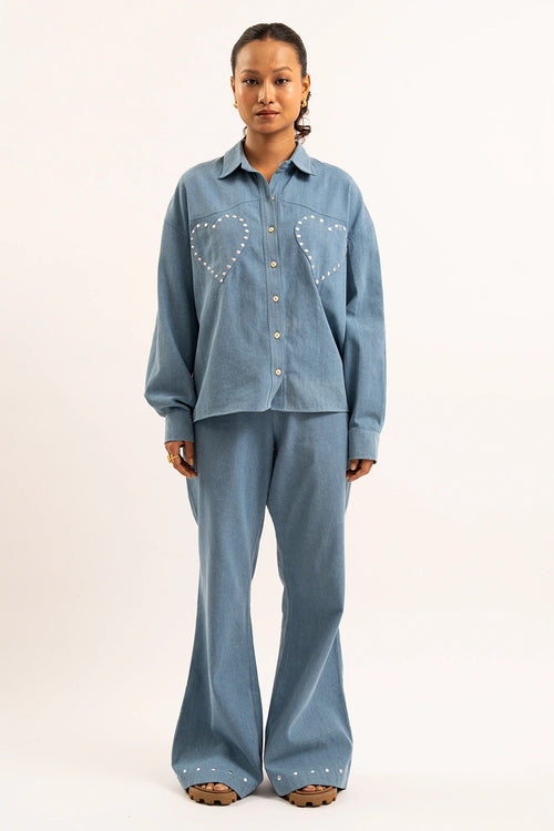 Heart Breaker Denim Shirt And Pants Set