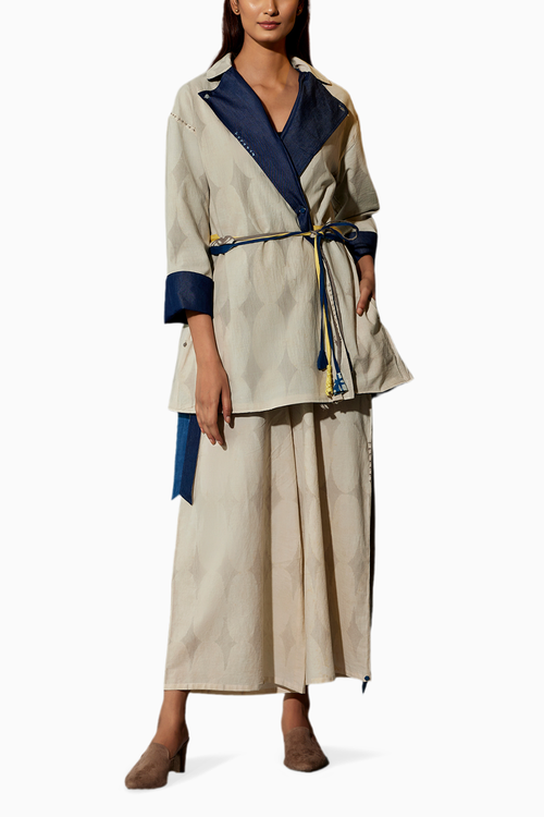 Beige Blue Denim Jacket Coord Set