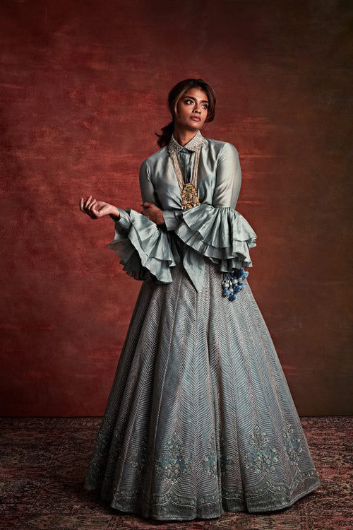 Teal Blue Embroidered Lehenga and Peplum Top