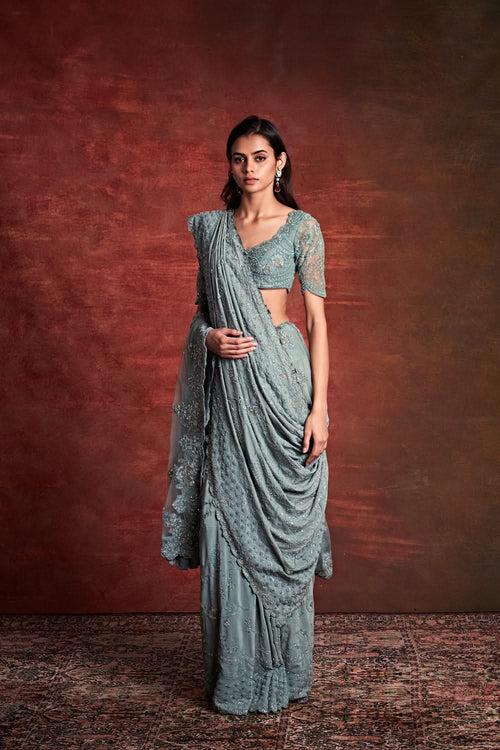 Teal Blue Embroidered Saree and Blouse