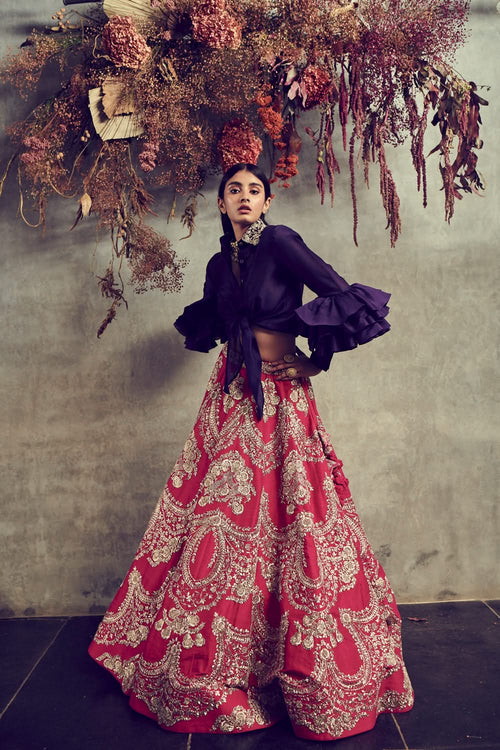 Red Embroidered Lehenga with Purple Peplum Top
