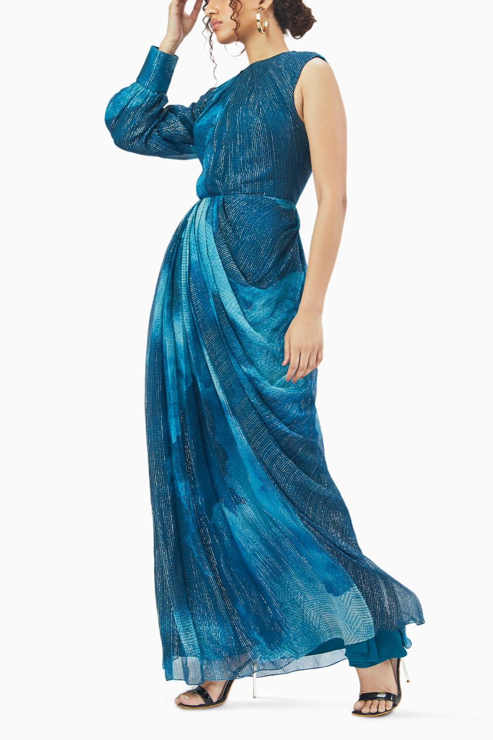 Jade Blue Blotched One Shoulder Draped Gown
