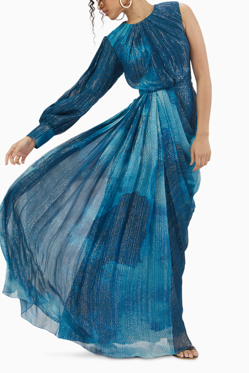 Jade Blue Blotched One Shoulder Draped Gown