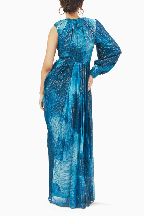 Jade Blue Blotched One Shoulder Draped Gown