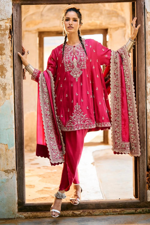 Rani Pink Tunic With Dhoti And Dupatta