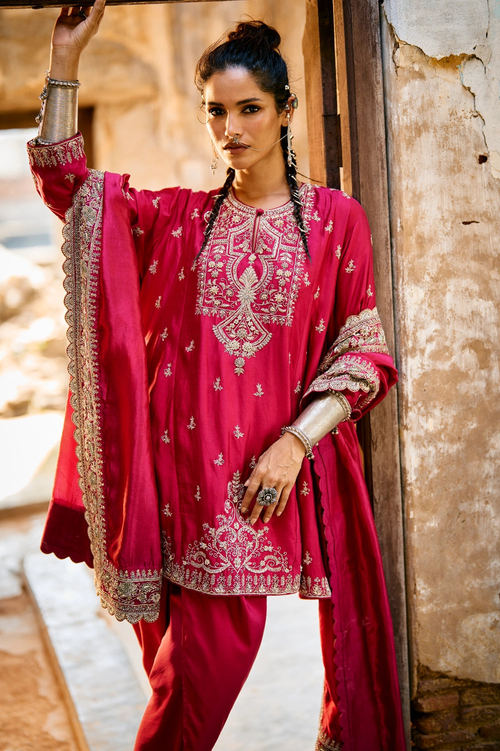 Rani Pink Tunic With Dhoti And Dupatta