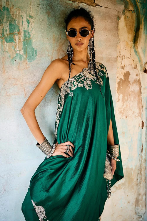 Emerald Green Off Shoulder Cape Set
