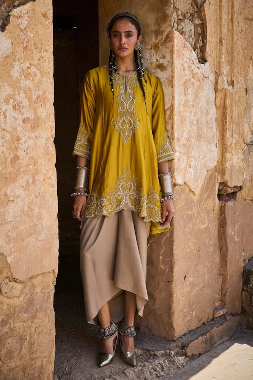 Mustard Tunic Set with Wrap Skirt