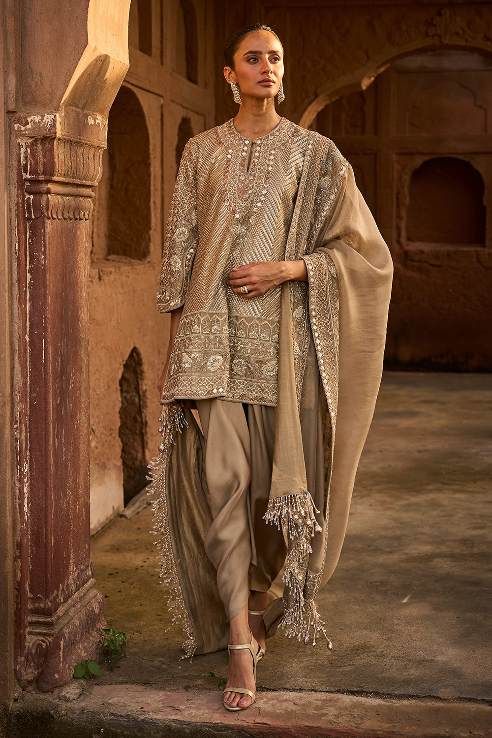 Golden Beige Tunic with Wrap Skirt and Dupatta