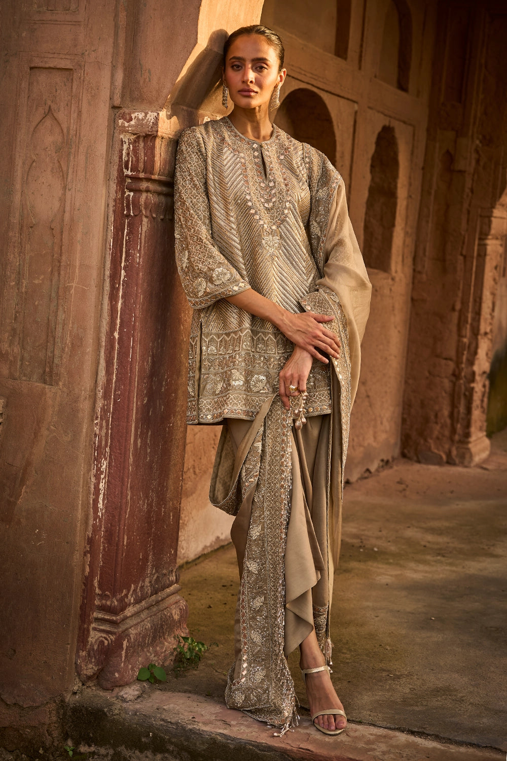 Golden Beige Tunic with Wrap Skirt and Dupatta