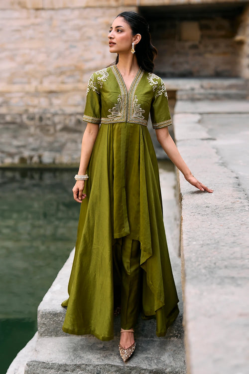 Owl Shoulder Drape Olive Green Kurta Set