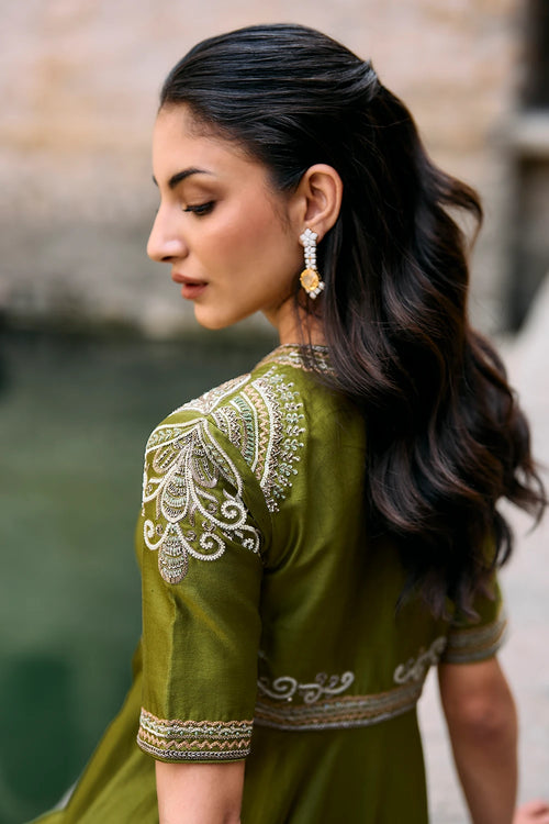 Owl Shoulder Drape Olive Green Kurta Set