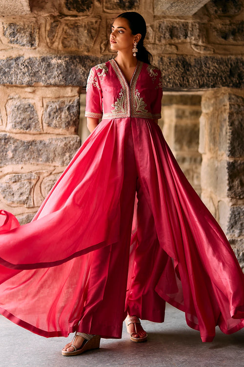 Owl Shoulder Drape Coral Kurta Set