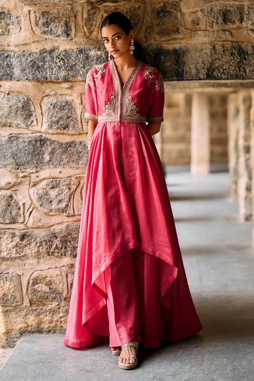 Owl Shoulder Drape Coral Kurta Set
