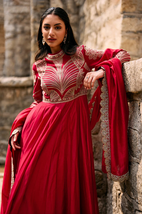 Saanjh Red Anarkali Set