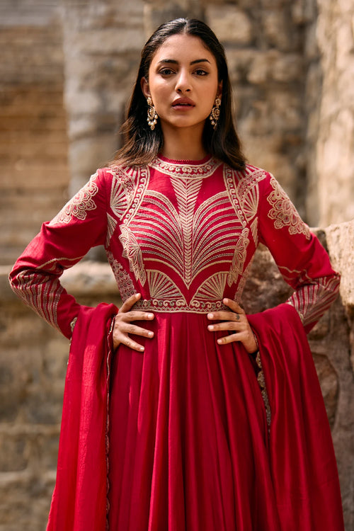 Saanjh Red Anarkali Set