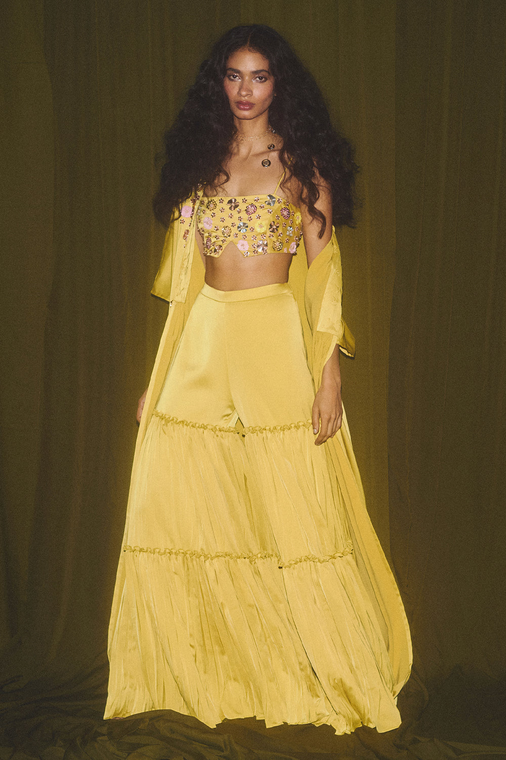 Yellow Embroidered Blouse with Cape and Pants