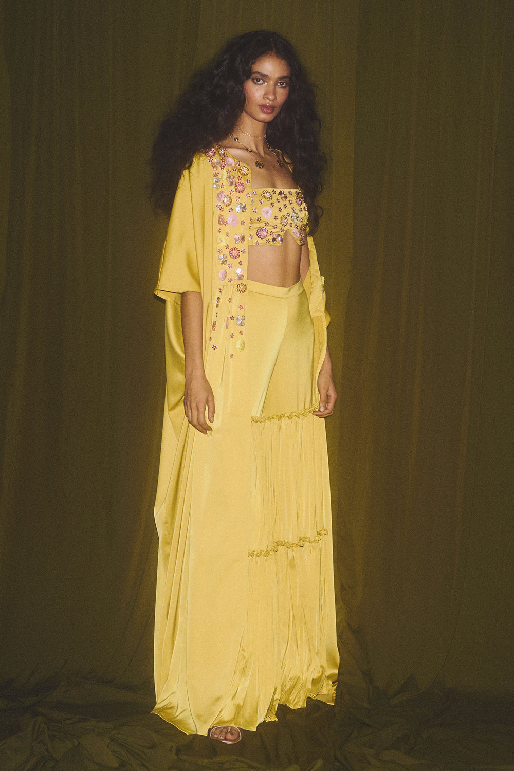 Yellow Embroidered Blouse with Cape and Pants