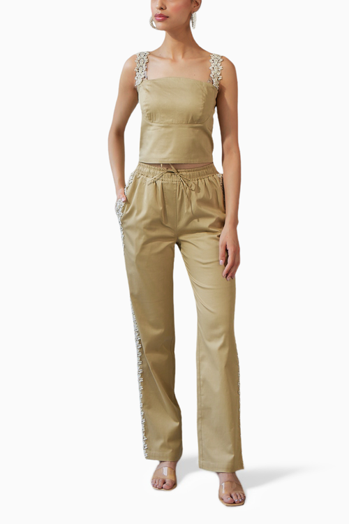 Lace Embroidered Beige Top & Pant Set