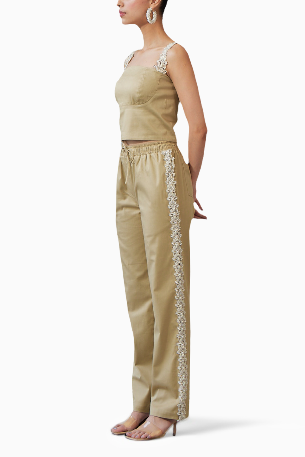 Lace Embroidered Beige Top & Pant Set