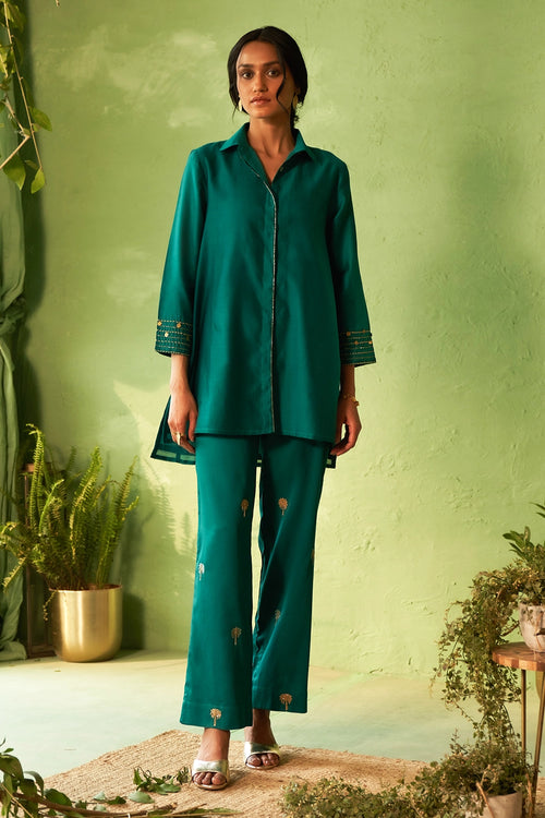 Peacock Green Collared Co-ord Set