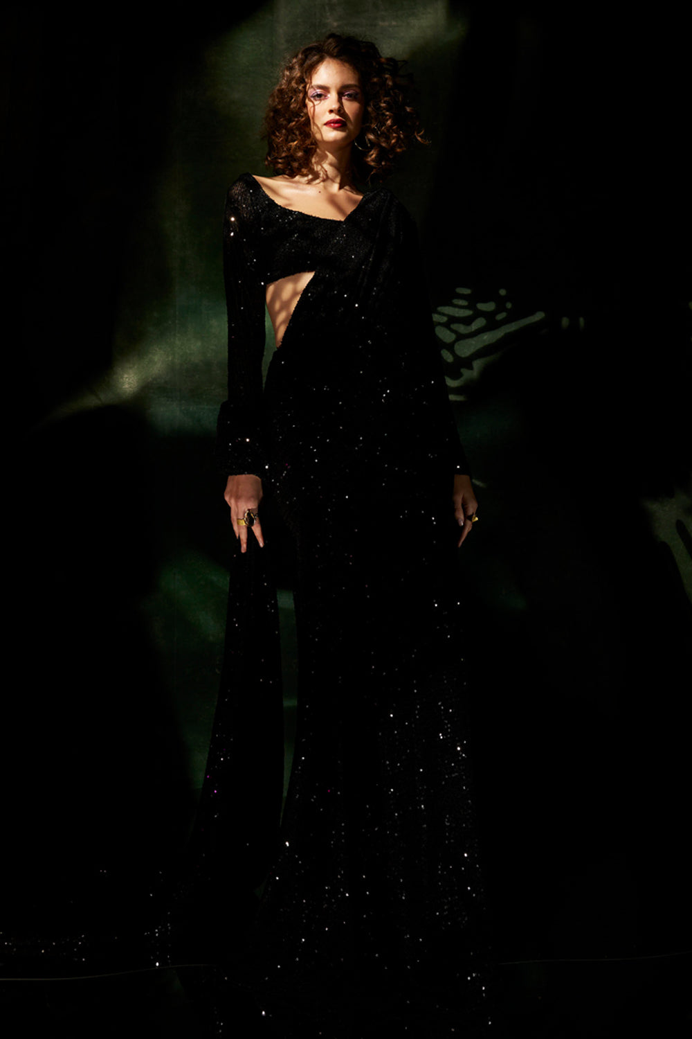 Black Sequins Draped Sari