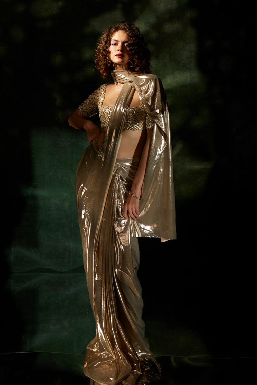 Metallic Champagne Gold Draped Sari