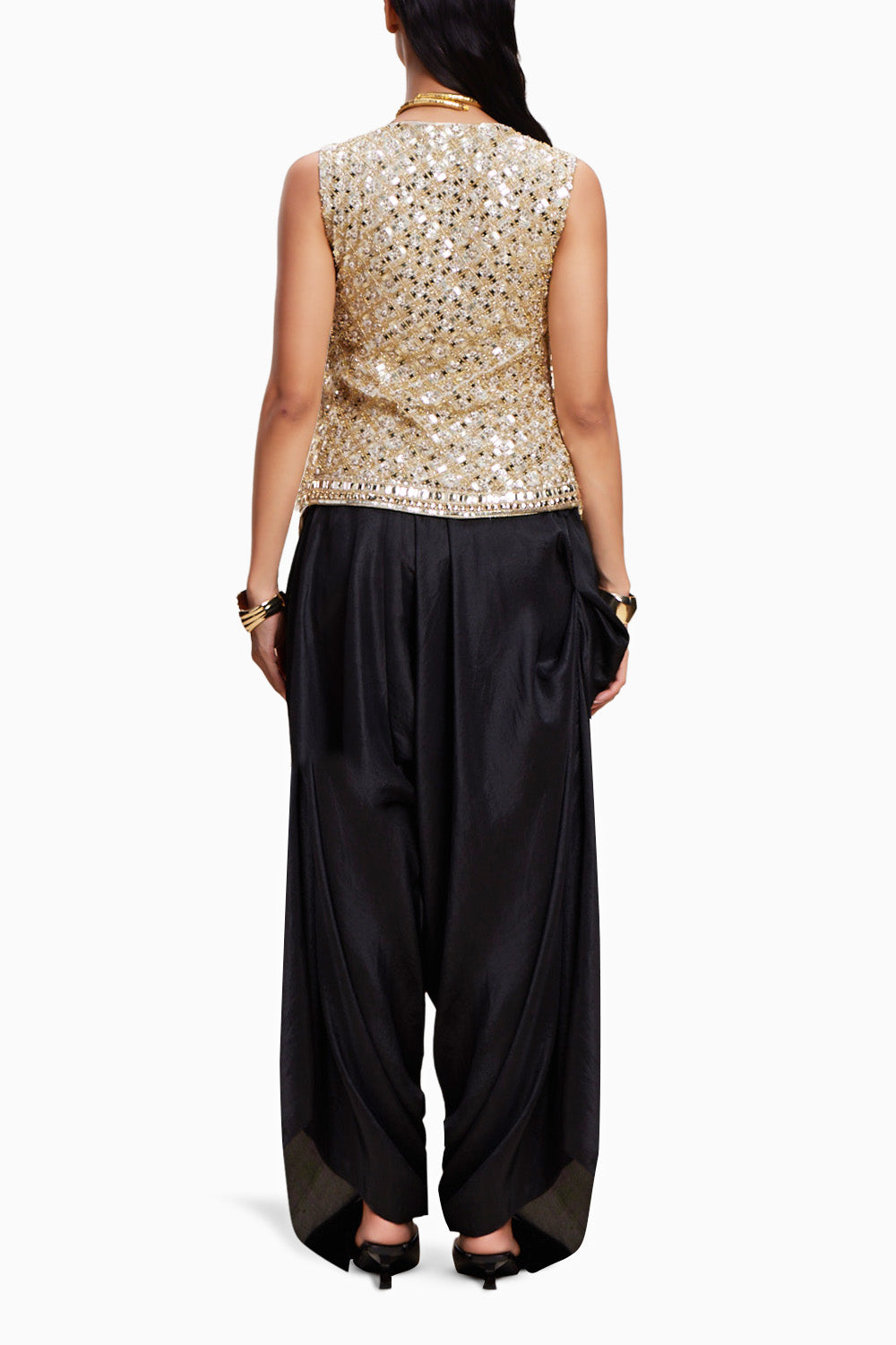 Golden Embellished Jacket And Black Dhoti Set