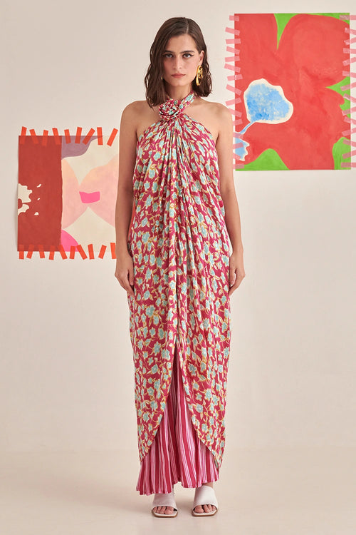 Floral Halter Neck Draped Dress Co-ord