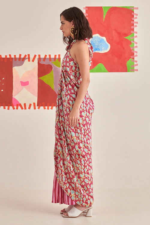 Floral Halter Neck Draped Dress Co-ord