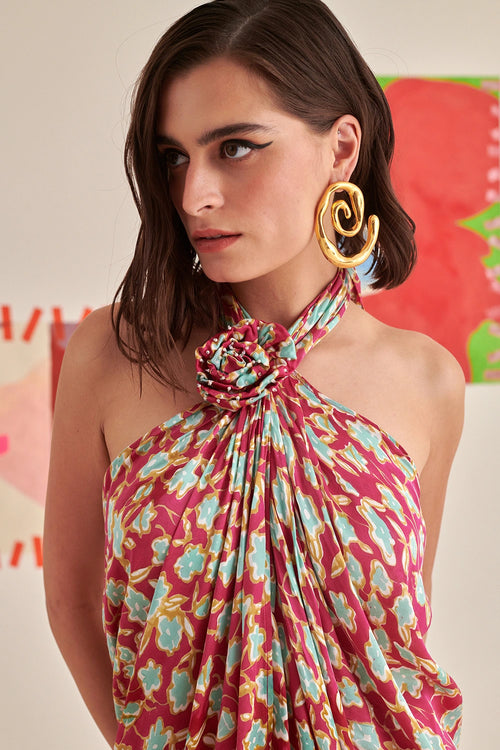 Floral Halter Neck Draped Dress Co-ord