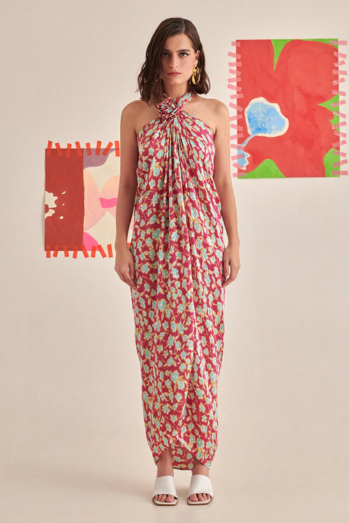 Floral Halter Neck Draped Dress