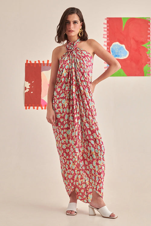 Floral Halter Neck Draped Dress
